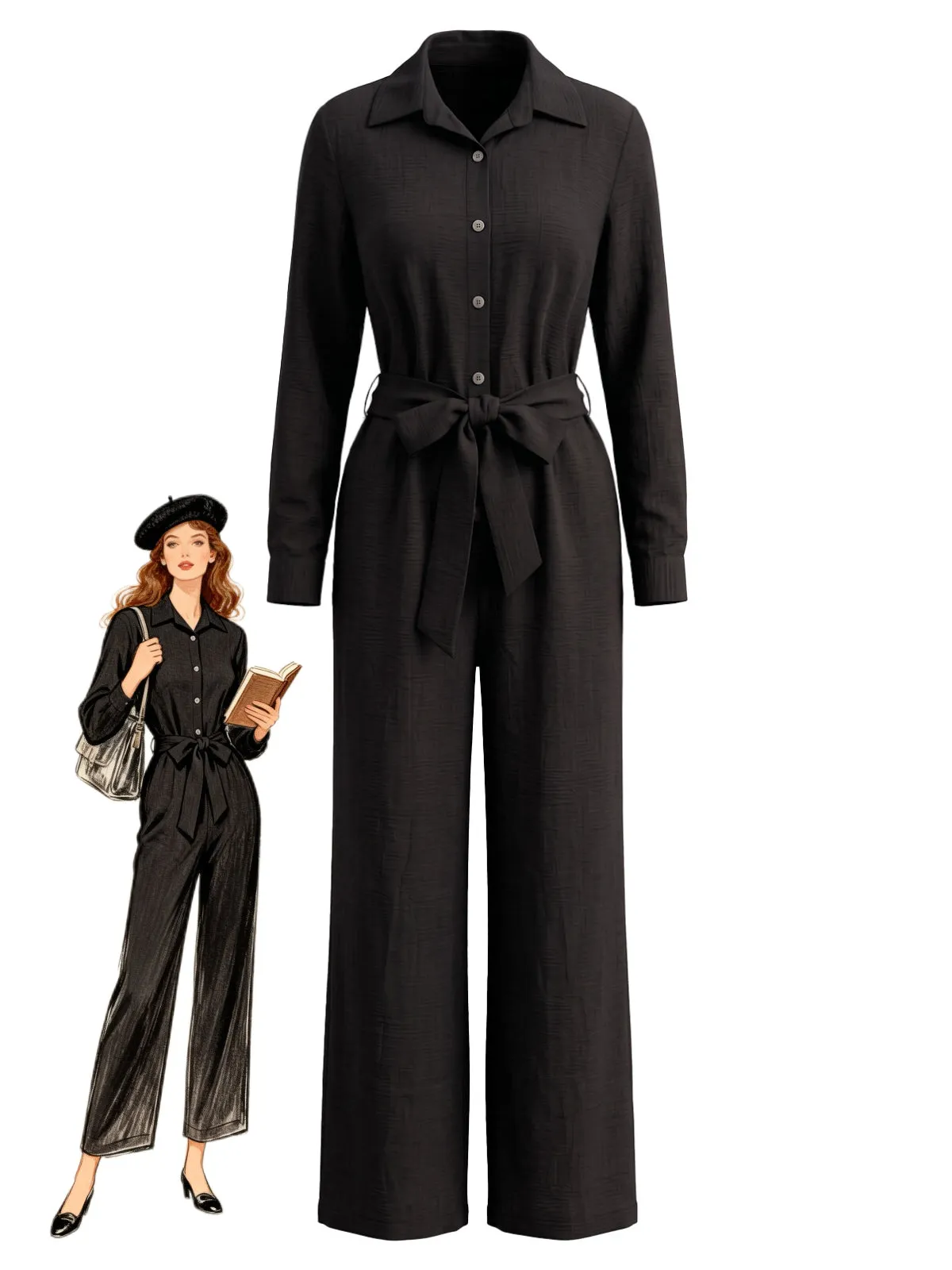 1930s Collared Button‑Front Long Sleeve Wide Leg Jumpsuit sold by Retro Stage