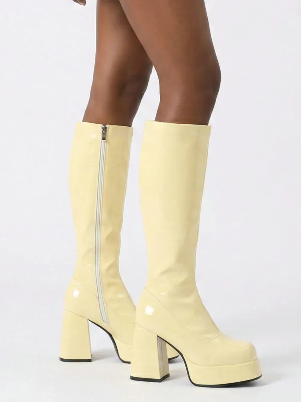 PU Leather Platform Round Toe Chunky Heel Boots made by Retro Stage