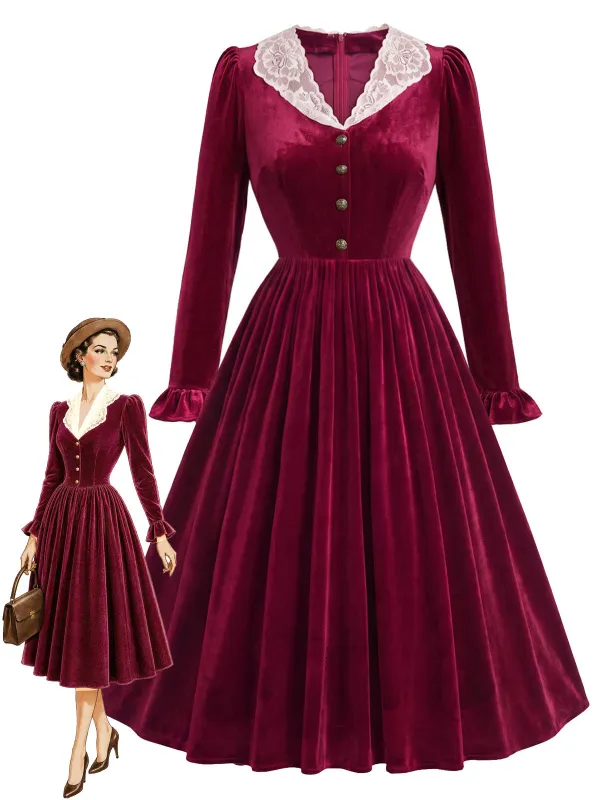 [Pre-Sale] Wine Red 1950s Velvet Lace Collar Ruffle Cuff Midi Dress made by Retro Stage