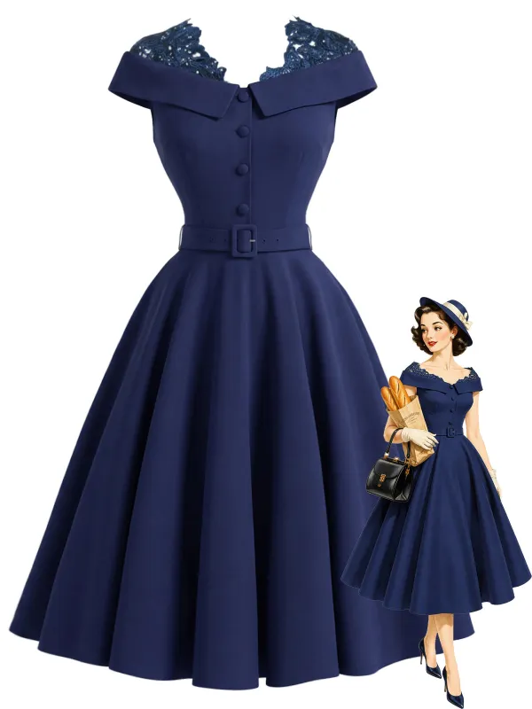 [Pre-Sale] Blue 1950s Solid Off-Shoulder Lace Patchwork Dress made by Retro Stage
