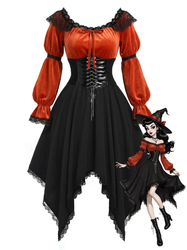 [Pre-Sale] 1970s Off Shoulder Top & Handkerchief Hem Skirt & Waist Cincher made by Retro Stage