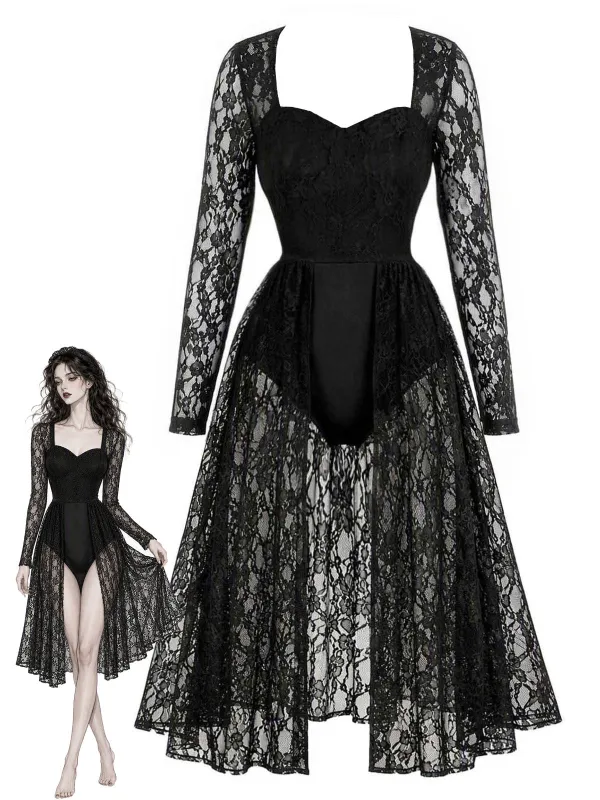[Pre-Sale] Black 1950s Floral Lace Bodysuit Nightgown made by Retro Stage