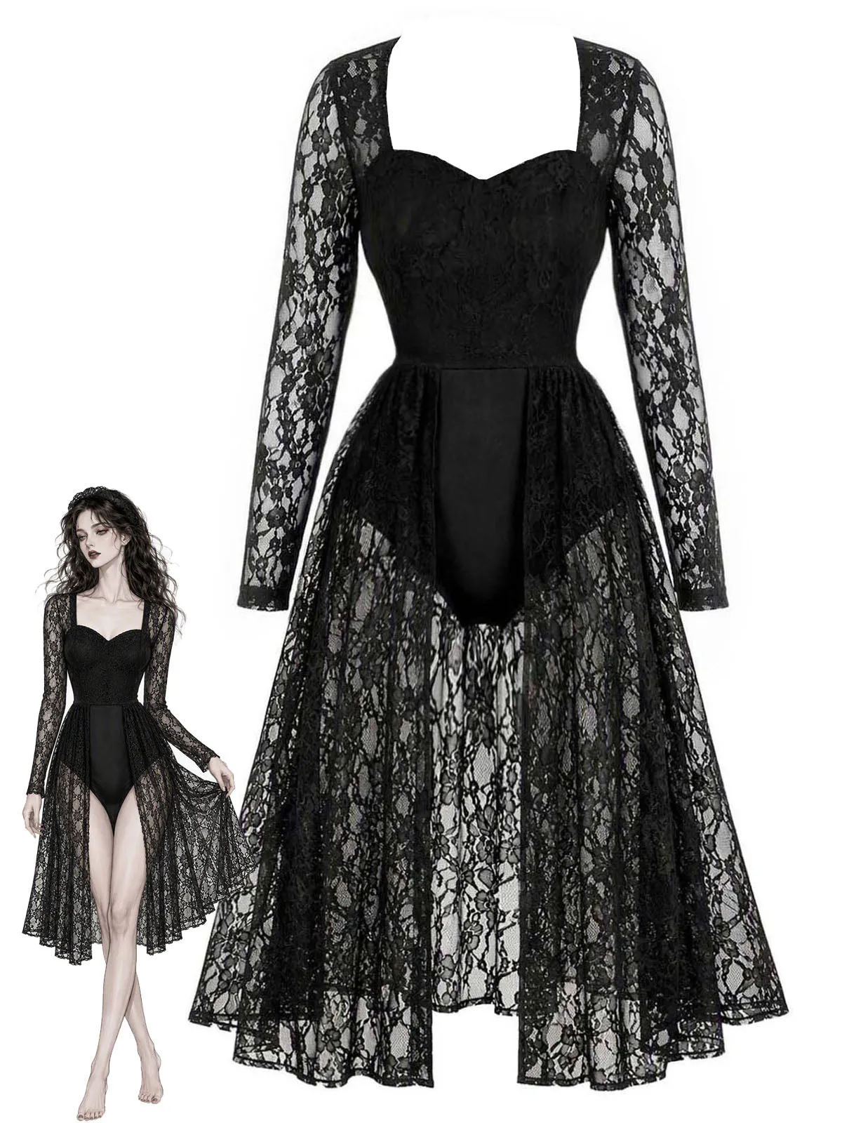 Black 1950s Floral Lace Bodysuit Nightgown sold by Retro Stage