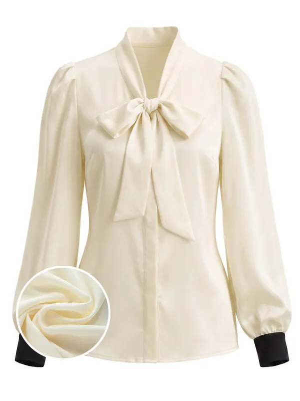 [Pre-Sale] Ivory 1970s Bow Tie Neck Contrast Cuff Satin Blouse made by Retro Stage