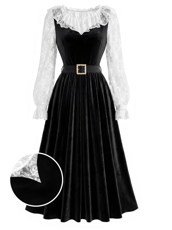 [Pre-Sale] 2PCS Black & White 1940s Lace Ruffle Top & Velvet Dress made by Retro Stage