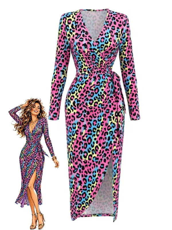 [Pre-Sale] Multicolor 1980s Neon Leopard Print Wrap Knit Dress made by Retro Stage