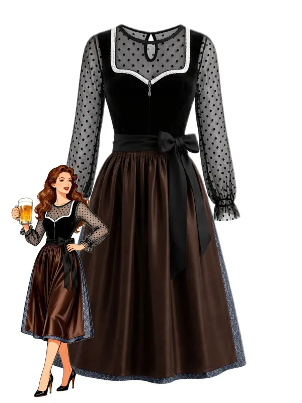 3PCS 1950s Polka Dot Mesh Crop Top & Contrast Trim Dress With Apron made by Retro Stage