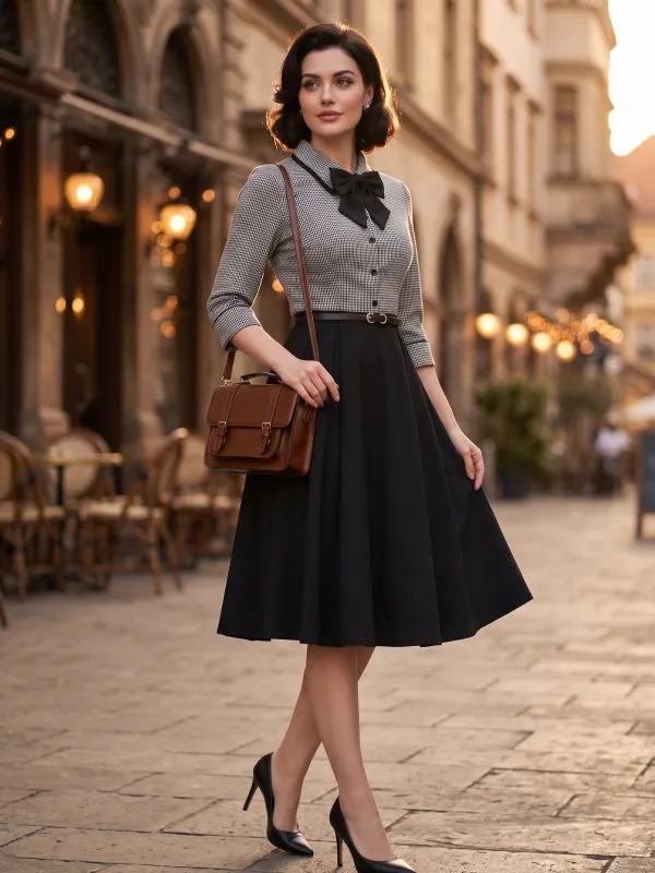 1950s Houndstooth Detachable Bow Collar Dress made by Retro Stage