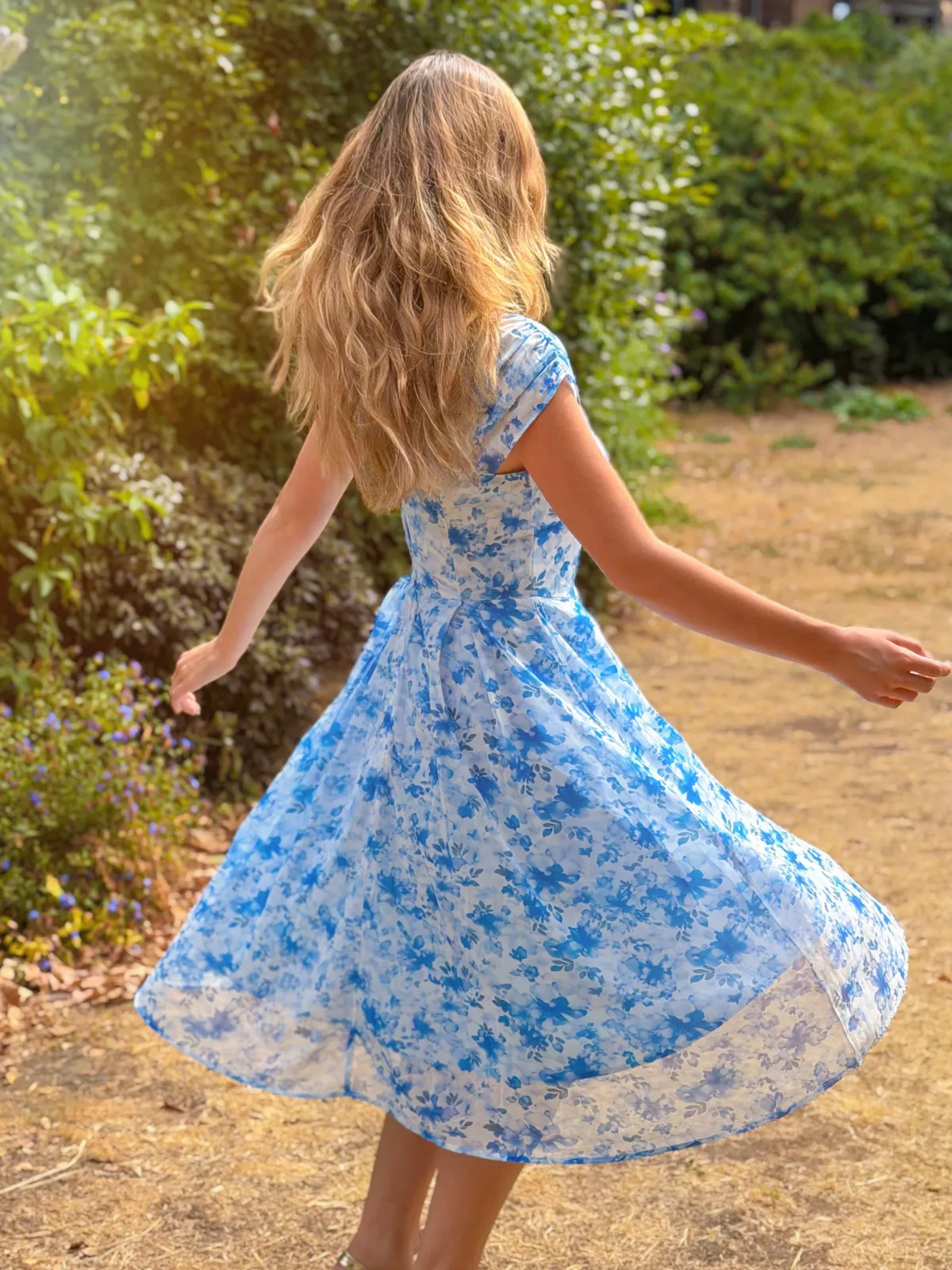 Blue 1950s Puff Sleeve Sweetheart Neck Floral Swing Dress sold by Retro Stage product image thumbnail 2