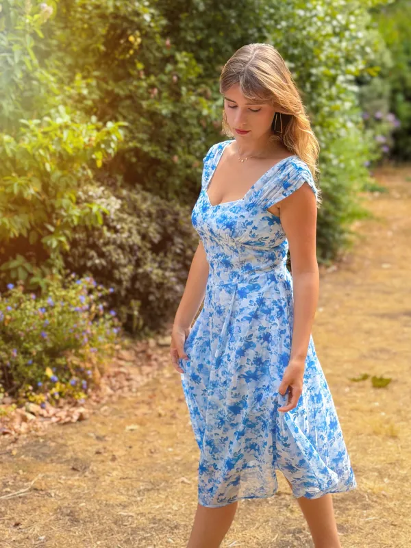 Blue 1950s Puff Sleeve Sweetheart Neck Floral Swing Dress made by Retro Stage