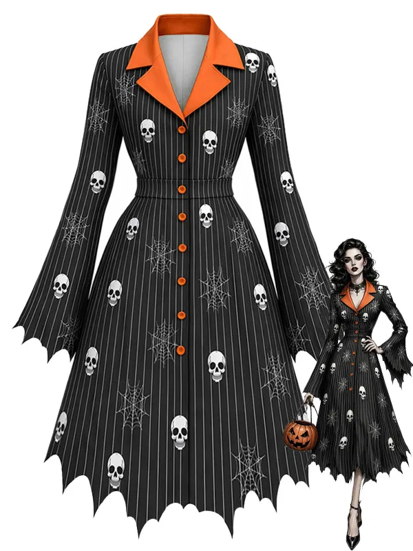 [Pre-Sale] 1950s Halloween Skull Spiderweb Lapel Batwing Hem Dress made by Retro Stage