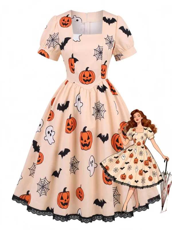 Beige 1950s Halloween Square Neck Lace Hem Dress made by Retro Stage
