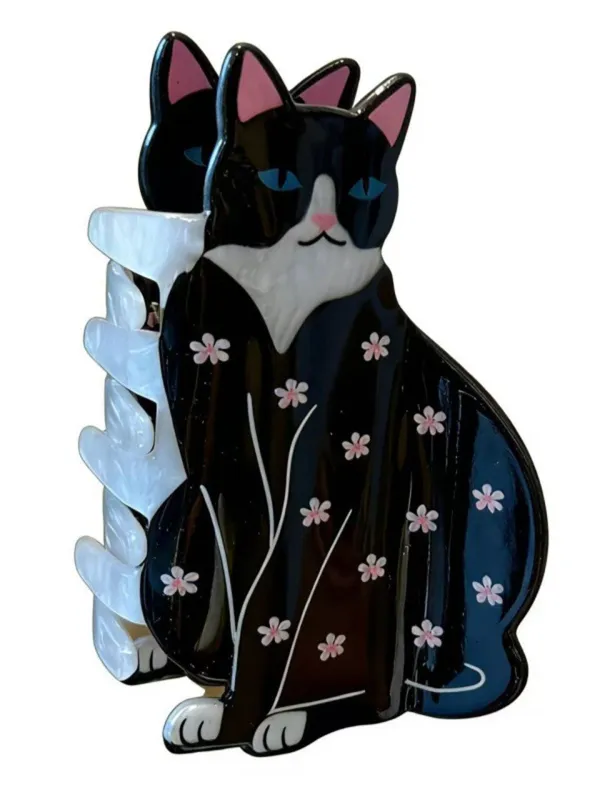 Black Cat Shape Floral Pattern Hair Claw Clip made by Retro Stage