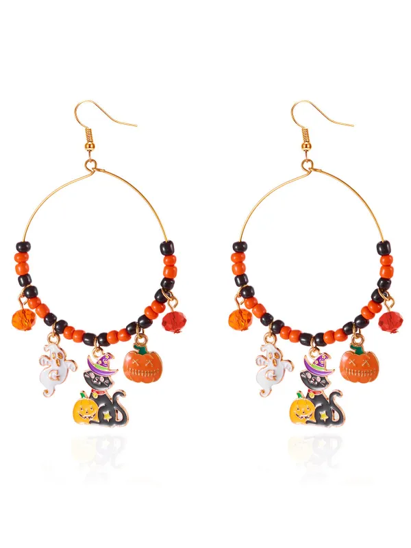 Vintage Halloween Pumpkin Cat Charm Hoop Earrings made by Retro Stage