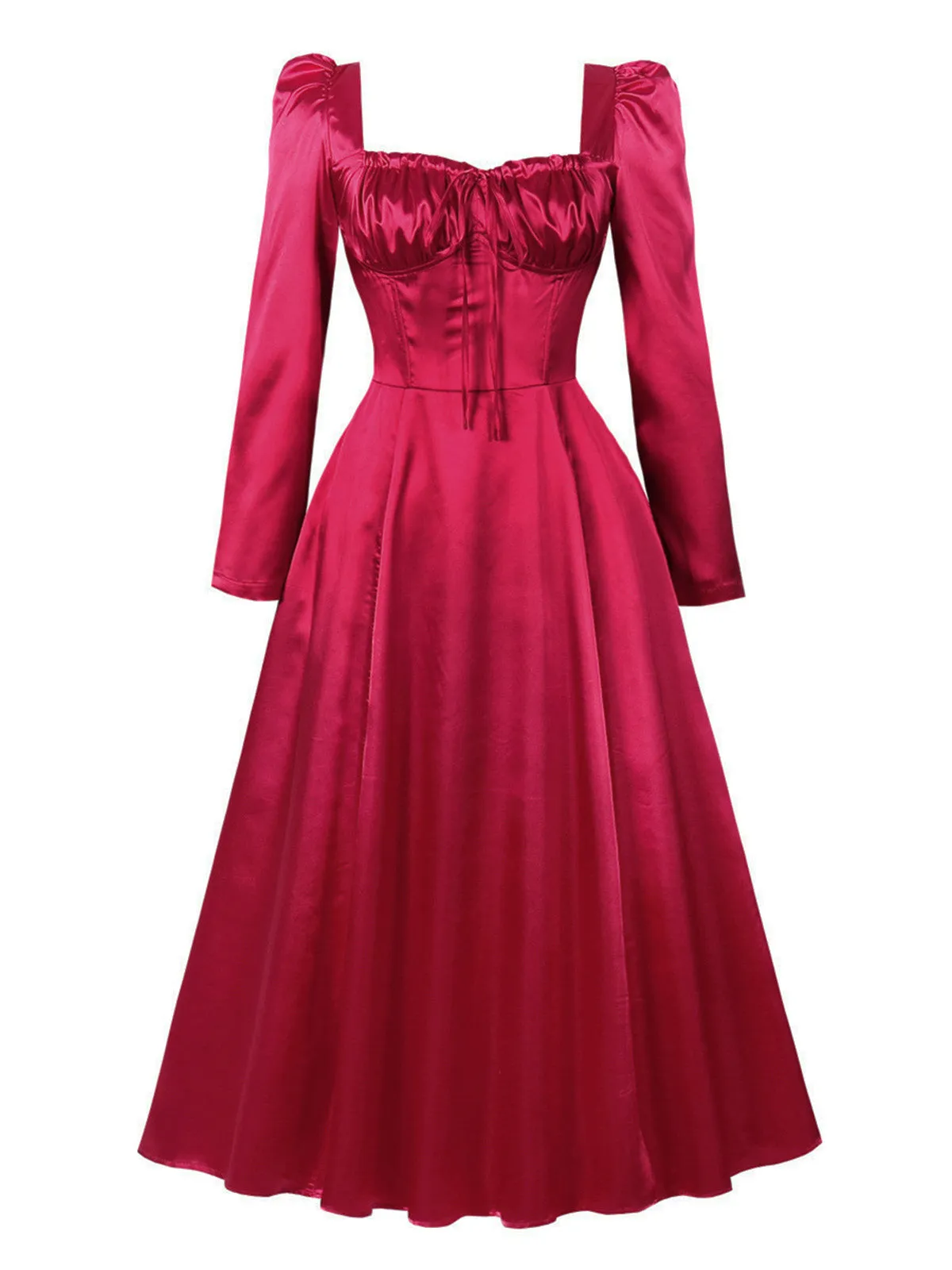 Red 1940s Square Neck Puff Corset Midi Dress sold by Retro Stage product image thumbnail 2