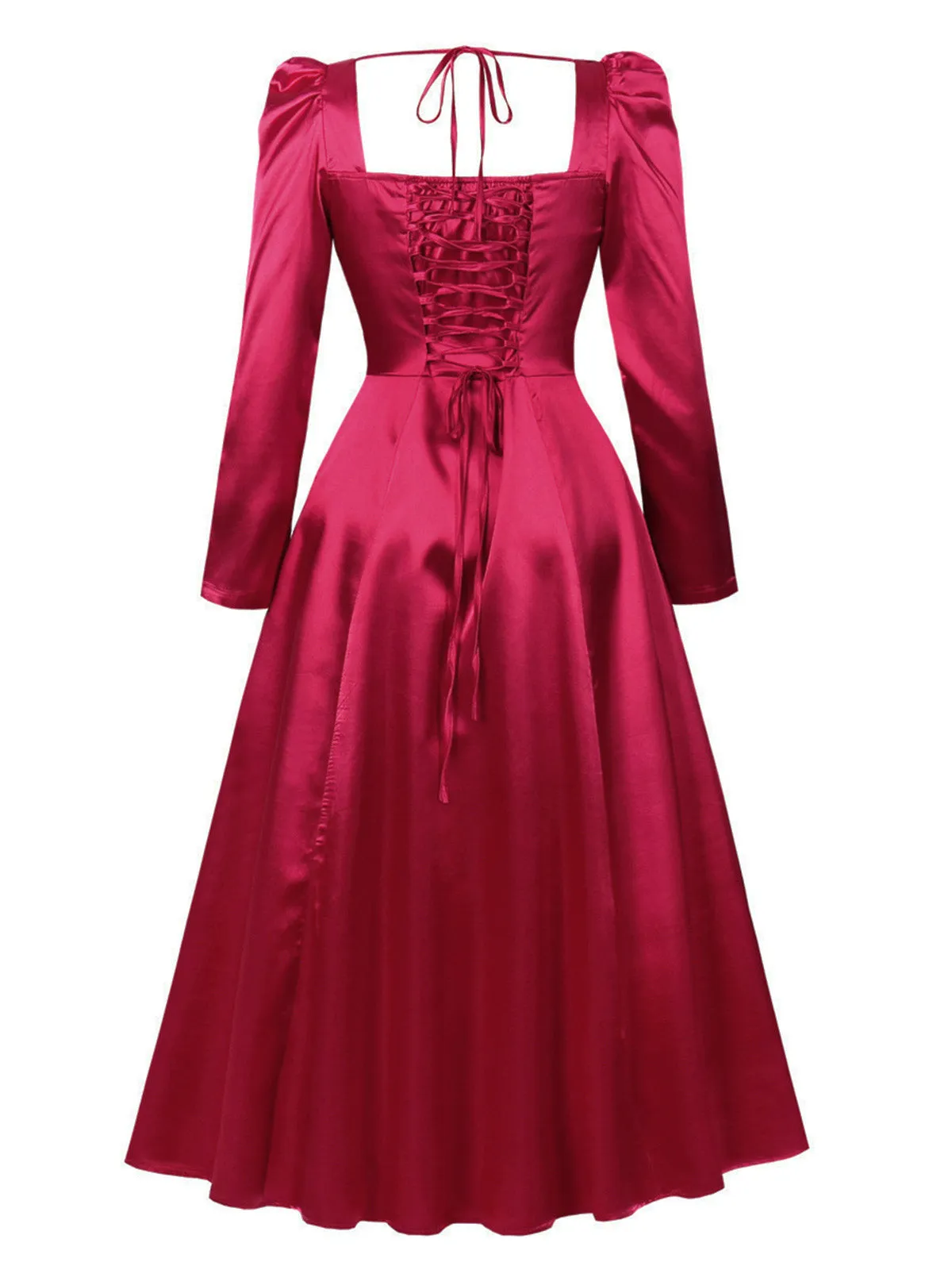 Red 1940s Square Neck Puff Corset Midi Dress sold by Retro Stage product image thumbnail 3