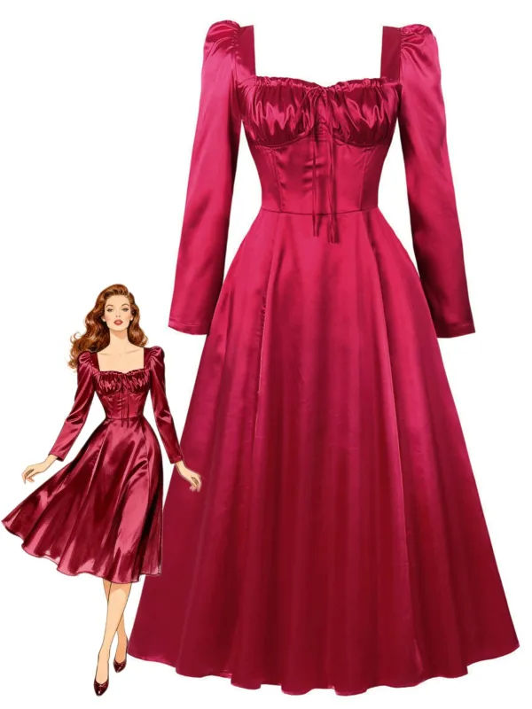 Red 1940s Square Neck Puff Corset Midi Dress made by Retro Stage