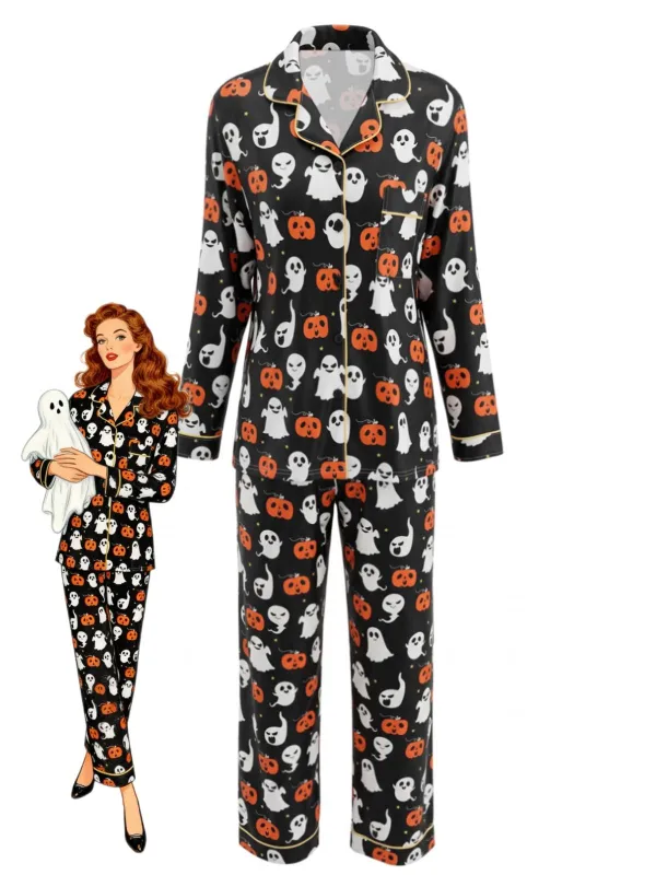 Multicolor 1940s Halloween Ghost Long Sleeve Pajama Set made by Retro Stage