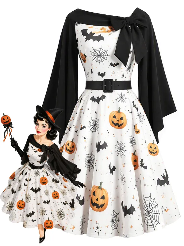 [Pre-Sale] Black & White 1950s Pumpkin Bat Spider Web Cape Dress made by Retro Stage