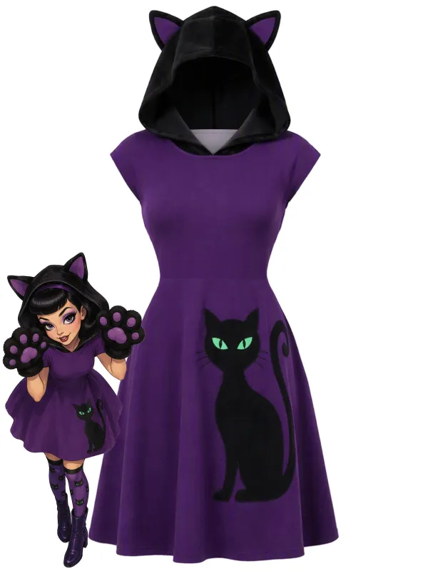 [Pre-Sale] Deep Purple 1960s Black Cat Ear Hooded Dress made by Retro Stage