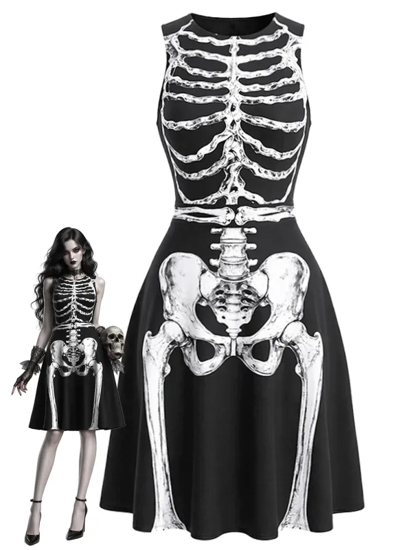 [Pre-Sale] Black 1940s Halloween Skeleton Sleeveless Dress made by Retro Stage