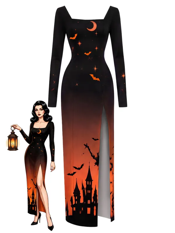 [Pre-Sale] 1930s Square Neck Halloween Castle Print Maxi Dress made by Retro Stage