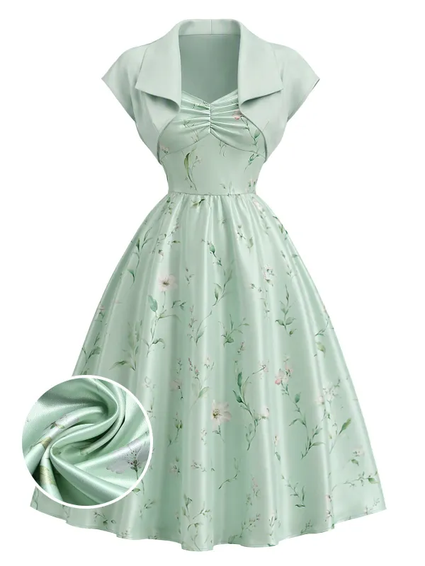 2PCS 1940s Sweetheart Satin Floral Dress With Bolero Jacket made by Retro Stage