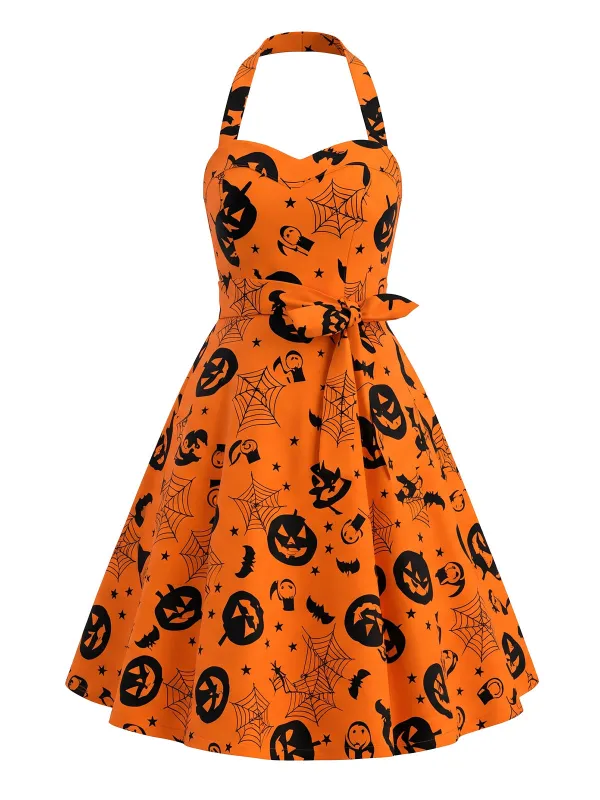 [Pre-Sale] Orange 1950s Pumpkin Bat Spider Web Halter Swing Dress made by Retro Stage