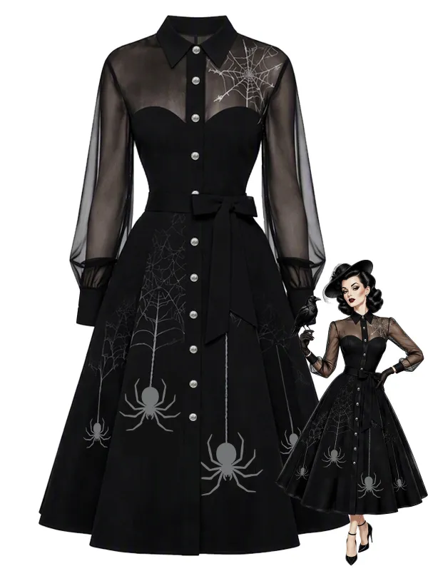 [Pre-Sale] Black 1950s Halloween Spiderweb Sheer Mesh Patchwork Dress made by Retro Stage