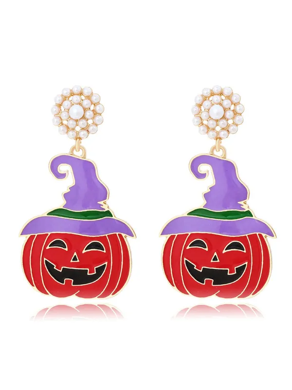 Orange Halloween Pearl Witch Pumpkin Earrings made by Retro Stage