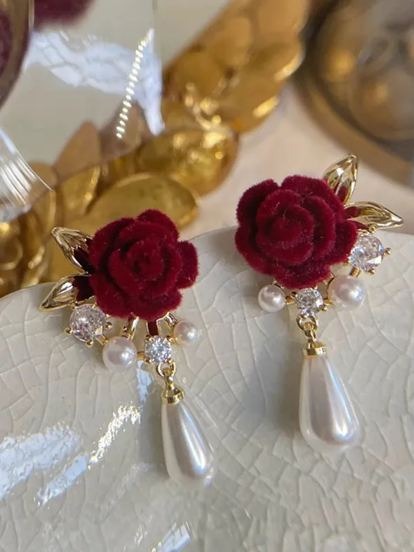 Rose Pearl Pendant Bow Stud Earrings made by Retro Stage