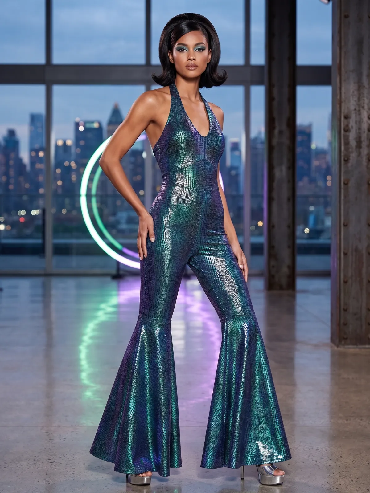 Blue 1960s Halter Metallic Iridescent Flared Jumpsuit sold by Retro Stage
