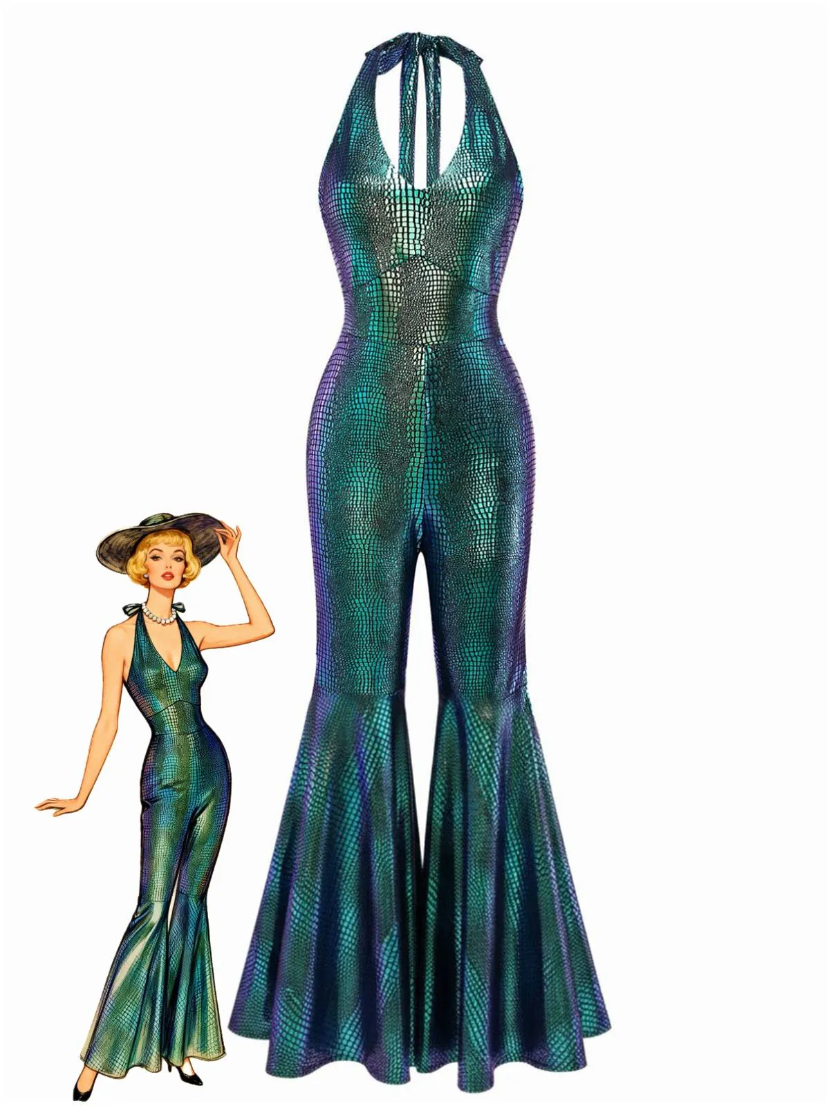 Blue 1960s Halter Metallic Iridescent Flared Jumpsuit sold by Retro Stage product image thumbnail 2