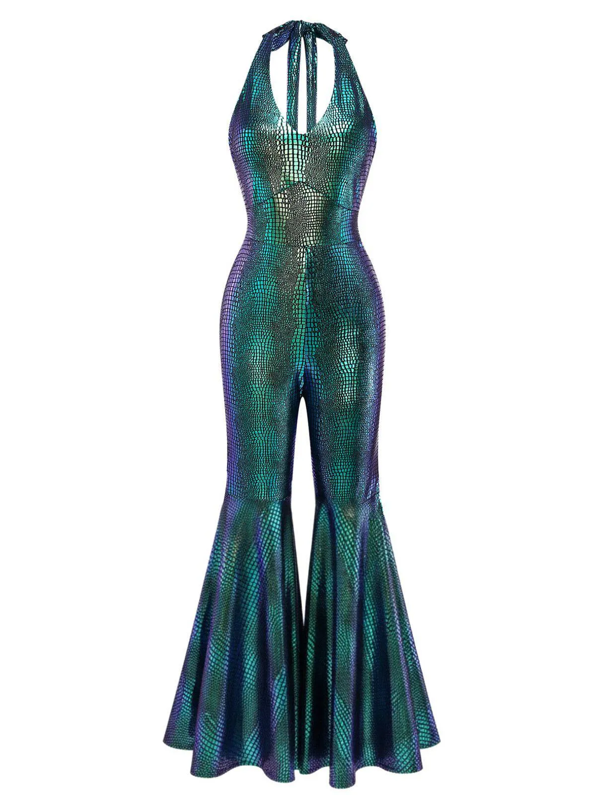Blue 1960s Halter Metallic Iridescent Flared Jumpsuit sold by Retro Stage product image thumbnail 3