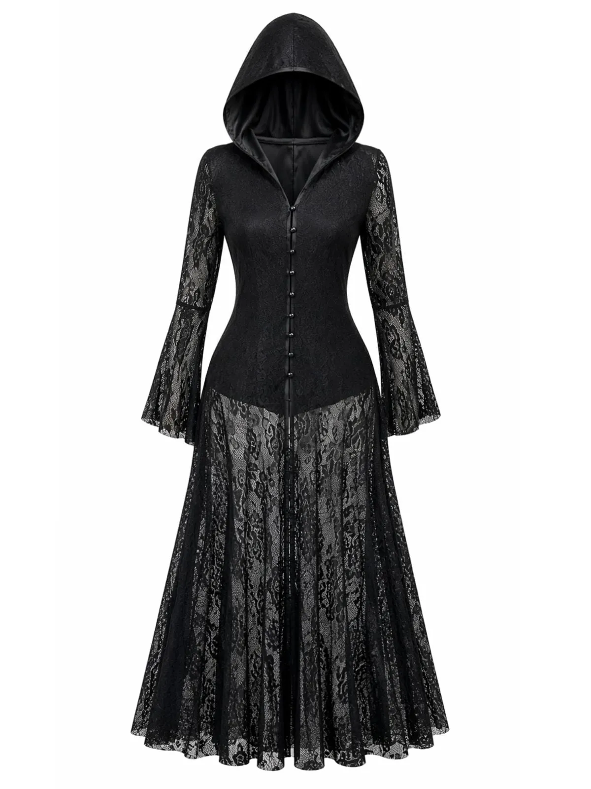 1980s Gothic Black Hooded Lace Bell Sleeve Maxi Dress sold by Retro Stage product image thumbnail 2