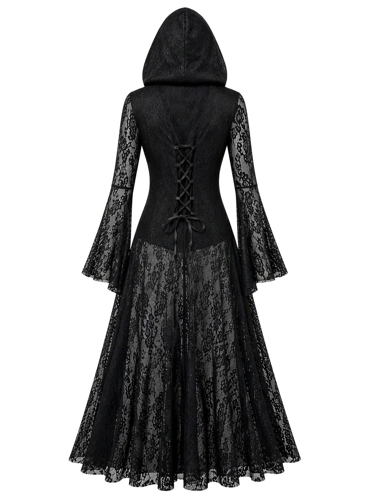 1980s Gothic Black Hooded Lace Bell Sleeve Maxi Dress sold by Retro Stage product image thumbnail 3