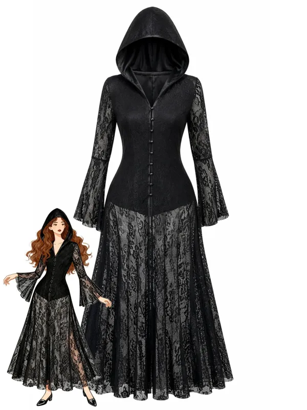 1980s Gothic Black Hooded Lace Bell Sleeve Maxi Dress made by Retro Stage