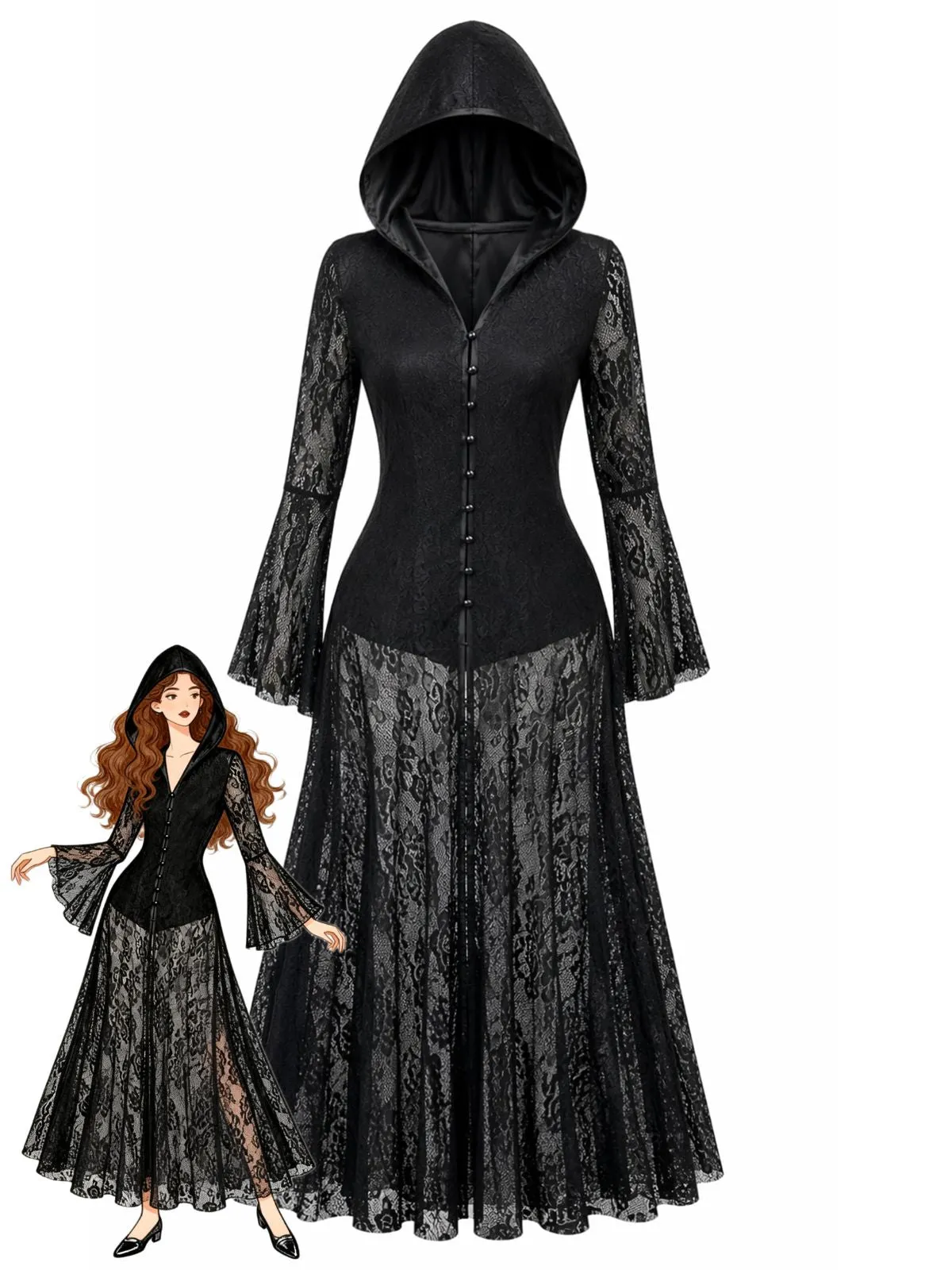 1980s Gothic Black Hooded Lace Bell Sleeve Maxi Dress sold by Retro Stage