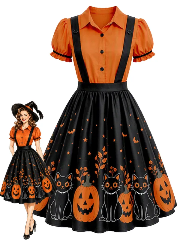 [Pre-Sale] 1950s Halloween Pumpkin Print Fake Two-Piece Swing Dress made by Retro Stage