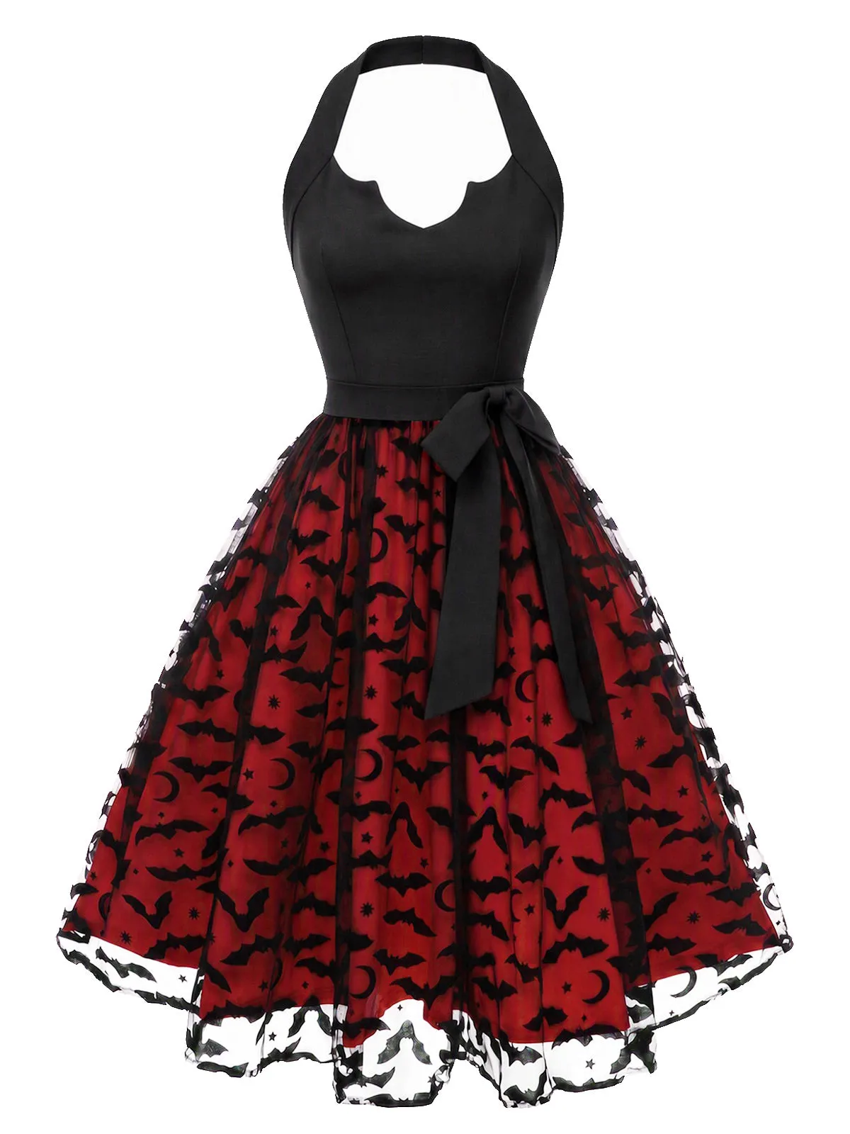 Red & Black 1950s Halter Halloween Bat Tulle Bow Dress sold by Retro Stage product image thumbnail 2