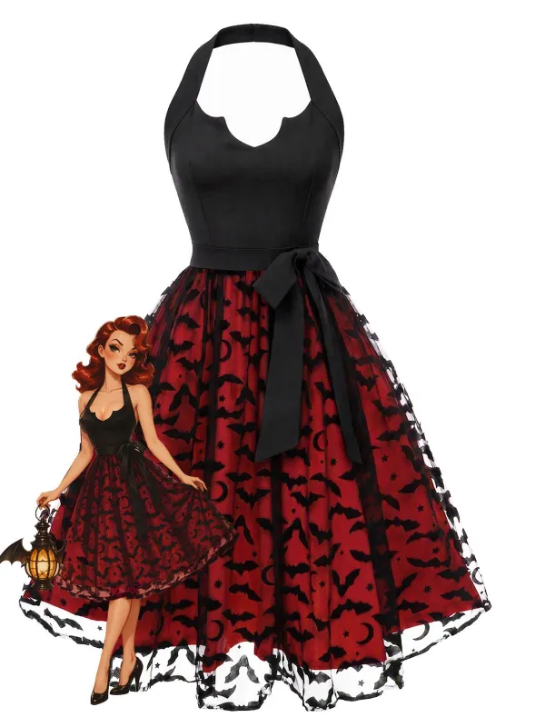 [Pre-Sale] Red & Black 1950s Halter Halloween Bat Tulle Bow Dress made by Retro Stage