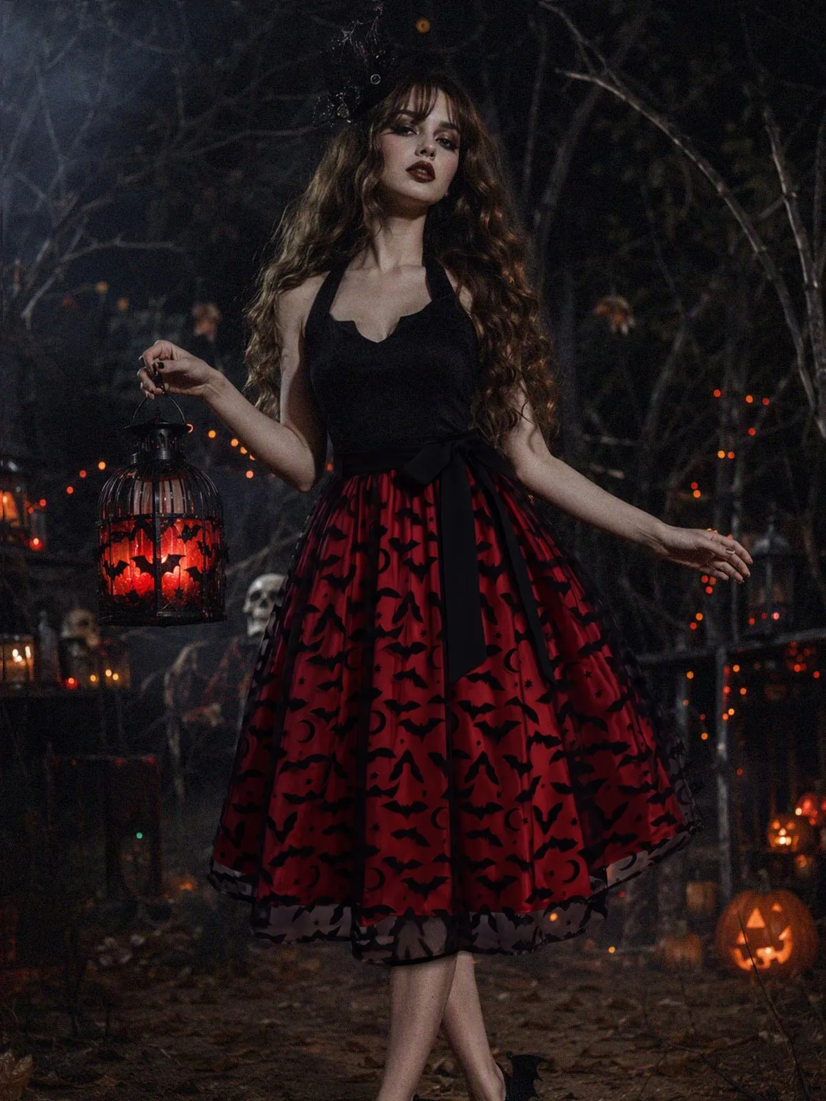 Red & Black 1950s Halter Halloween Bat Tulle Bow Dress sold by Retro Stage product image thumbnail 3