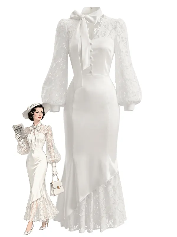 [Pre-Sale] White 1930s Bow Lace Puff Sleeve Satin Mermaid Dress made by Retro Stage