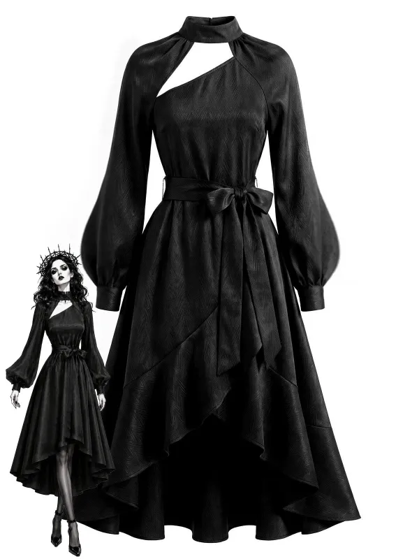 [Pre-Sale] 2PCS Black 1940s Gothic Asymmetric Bow Dress & Detachable Layer made by Retro Stage