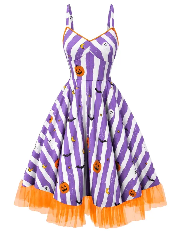 [Pre-Sale] Purple 1950s Striped Fluorescent Green Lace Dress made by Retro Stage