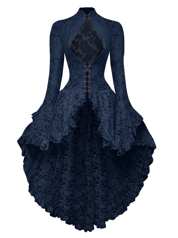 [Pre-Sale] Dark Blue 1980s Gigot Sleeve Victorian Lace Dress made by Retro Stage