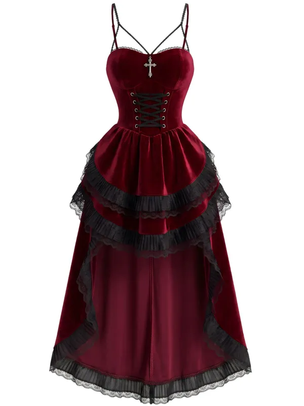 1940s Halloween Gothic Velvet Bustle Tail Asymmetrical Dress made by Retro Stage