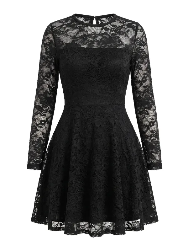 Black 1960s Floral Lace Sheer Yoke Long Sleeve Mini Dress made by Retro Stage