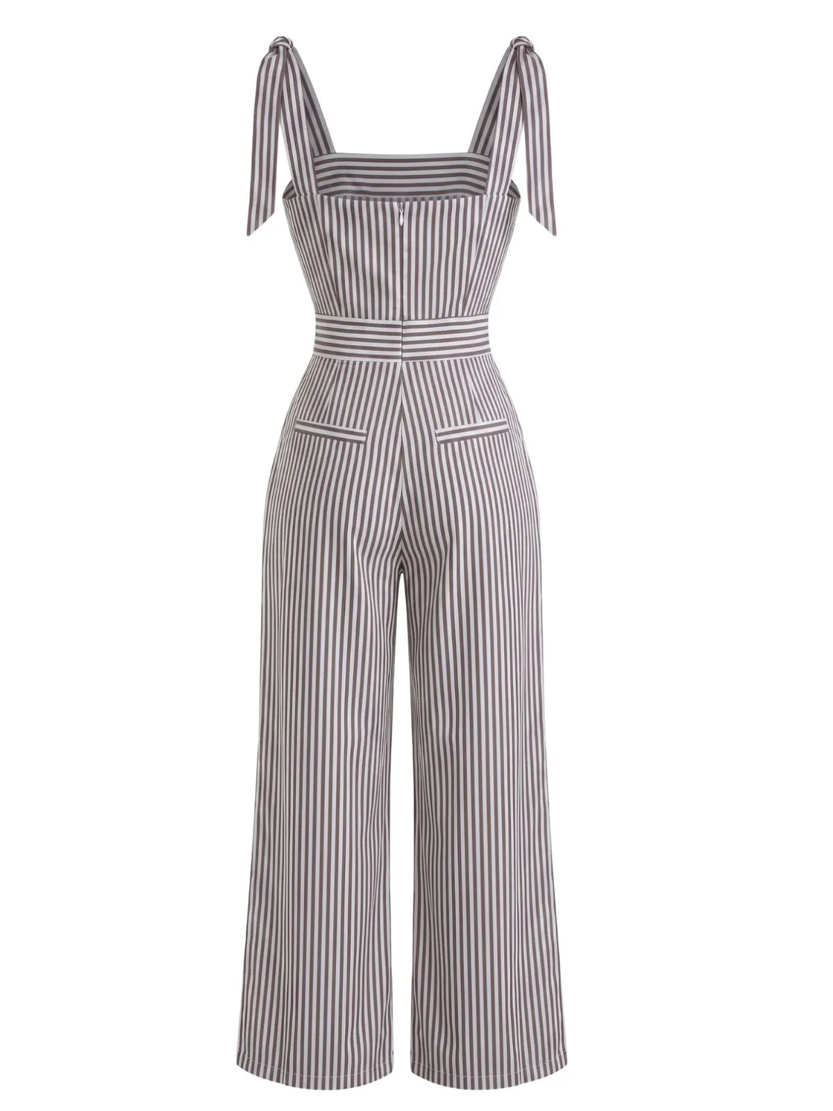 Grey 1940s Stripe Sleeveless Shoulder Tie Waist Wide Leg Jumpsuit sold by Retro Stage product image thumbnail 2