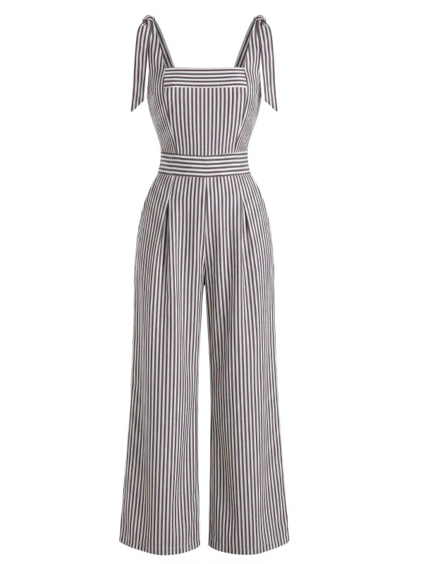 Grey 1940s Stripe Sleeveless Shoulder Tie Waist Wide Leg Jumpsuit made by Retro Stage